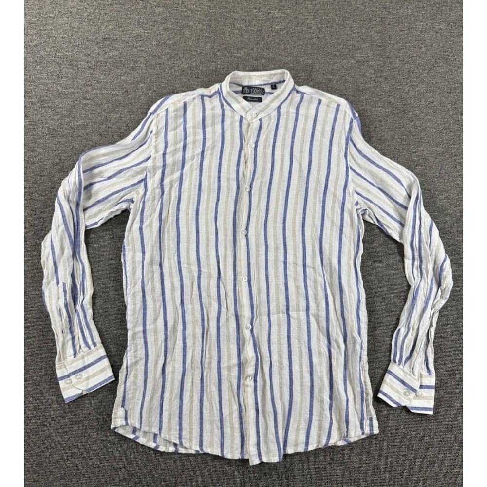 Luigi‎ Fusaro Shirt Mens Large White Blue Stripe Linen Band Collar Long Sleeve
